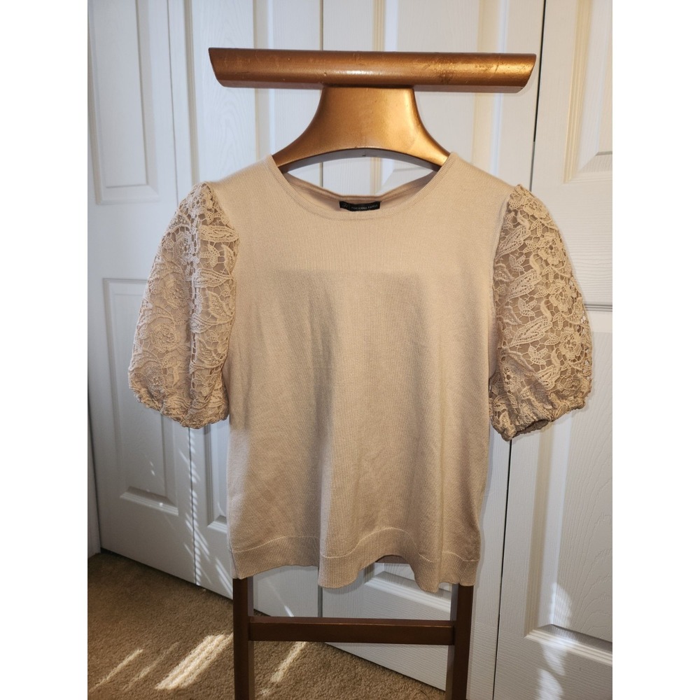 Adrianna Papell Crew Neck Sweater With Lace Short Sleeves Champagne‎ Color  Sz S